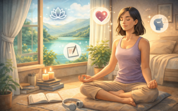 Person practicing self care with meditation, journaling, and peaceful environment
