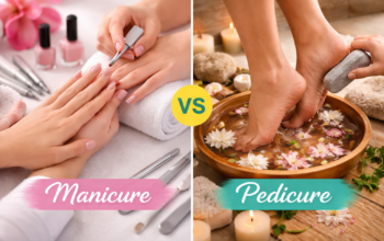 Difference between manicure and pedicure showing hand and foot nail care