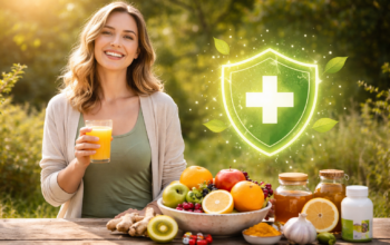 woman holding orange juice with fruits and natural foods for boosting immunity