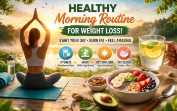 Morning routine for weight loss with yoga, lemon water, and healthy breakfast