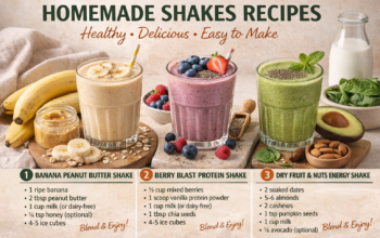 Different types of homemade shakes with fruits, nuts, and milk in glasses