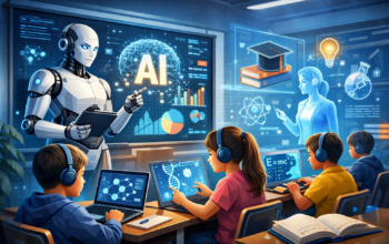 AI in education concept with digital classroom, robot teacher, and students using technology