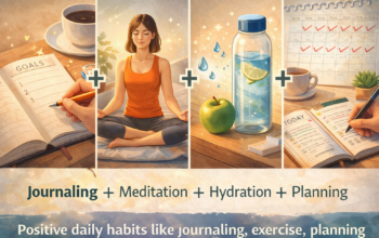 Positive daily habits routine with journaling, exercise, meditation, and healthy lifestyle