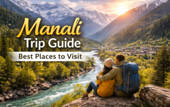 Beautiful view of Manali mountains river and valley landscape in Himachal Pradesh