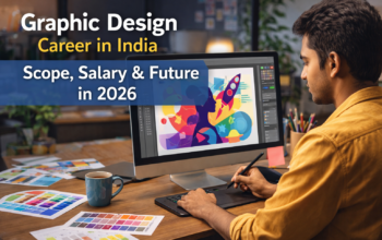 Graphic designer working on computer creating digital designs in India