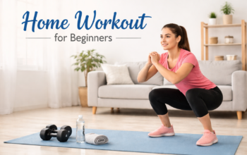 Beginner doing home workout exercises like squats and push-ups in living room