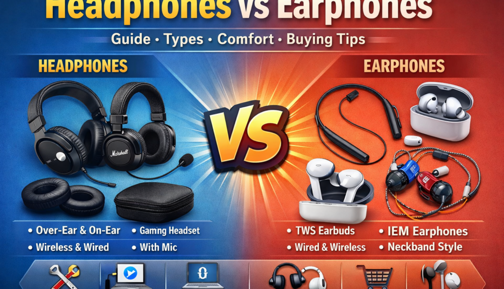 Headphones vs earphones comparison showing types, comfort tips, wired and wireless audio devices for better listening experience